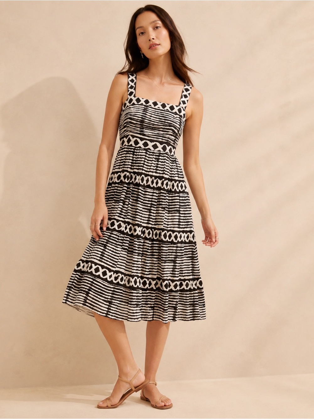 Tracy Reese for Anthropologie Black White Geometric Midi Dress Size Small